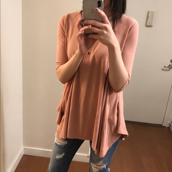 Tops - Dusty Rose Ribbed Henley Swing Top